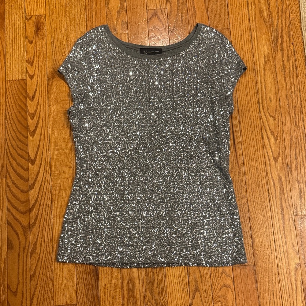 INC International Concepts Glittering Silver Short Sleeve Top